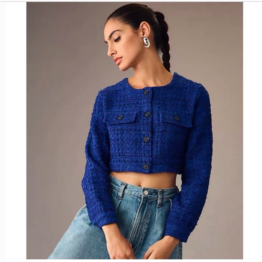 Anthropologie Royal Blue Cropped Tweed Jacket